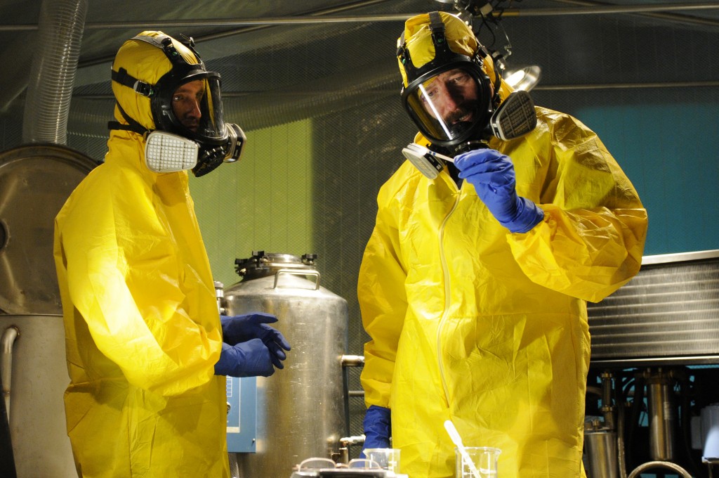 Walter White and Jesse Pinkman in Yellow Meth Cook Suits